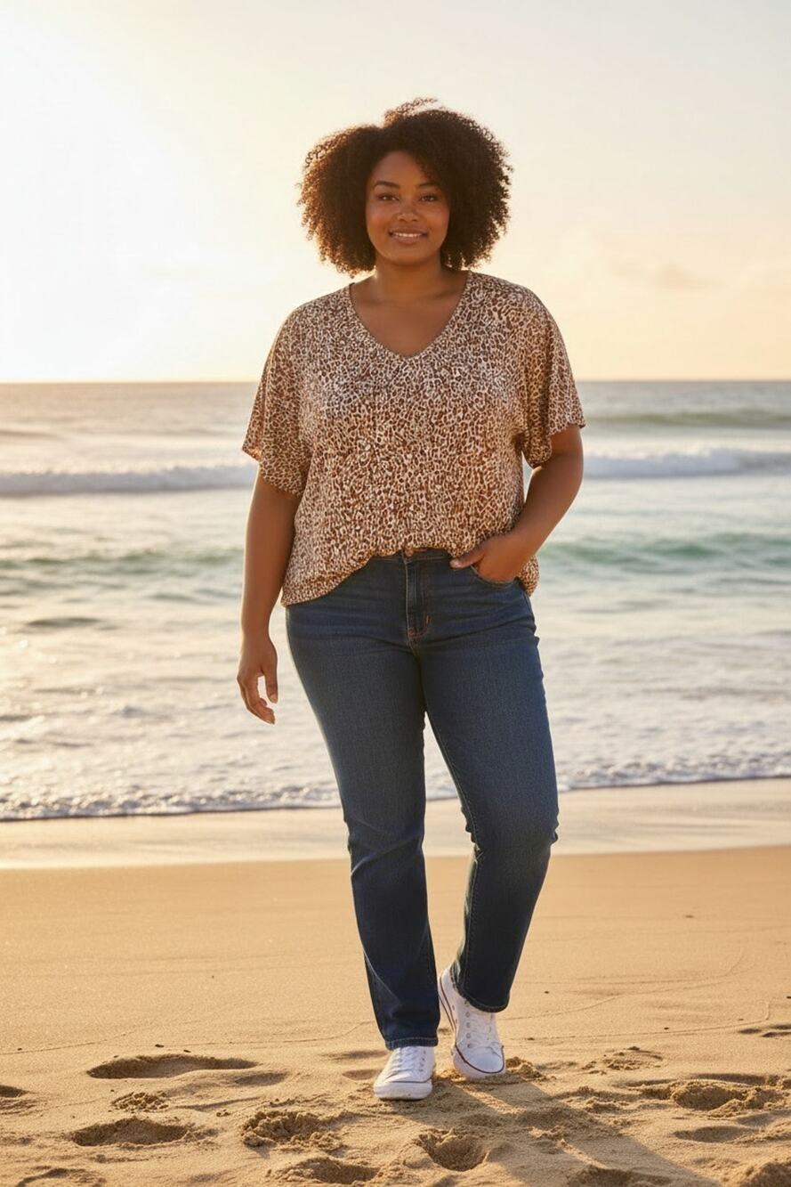 Old Navy T Shirt Womens 3X Brown Animal Print V Neck Luxe Soft Stretch Tee